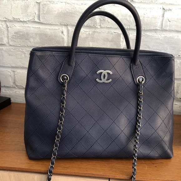 CHANEL Handbags - Chanel Blue Quilted Caviar Leather CC Tote Bag - Large